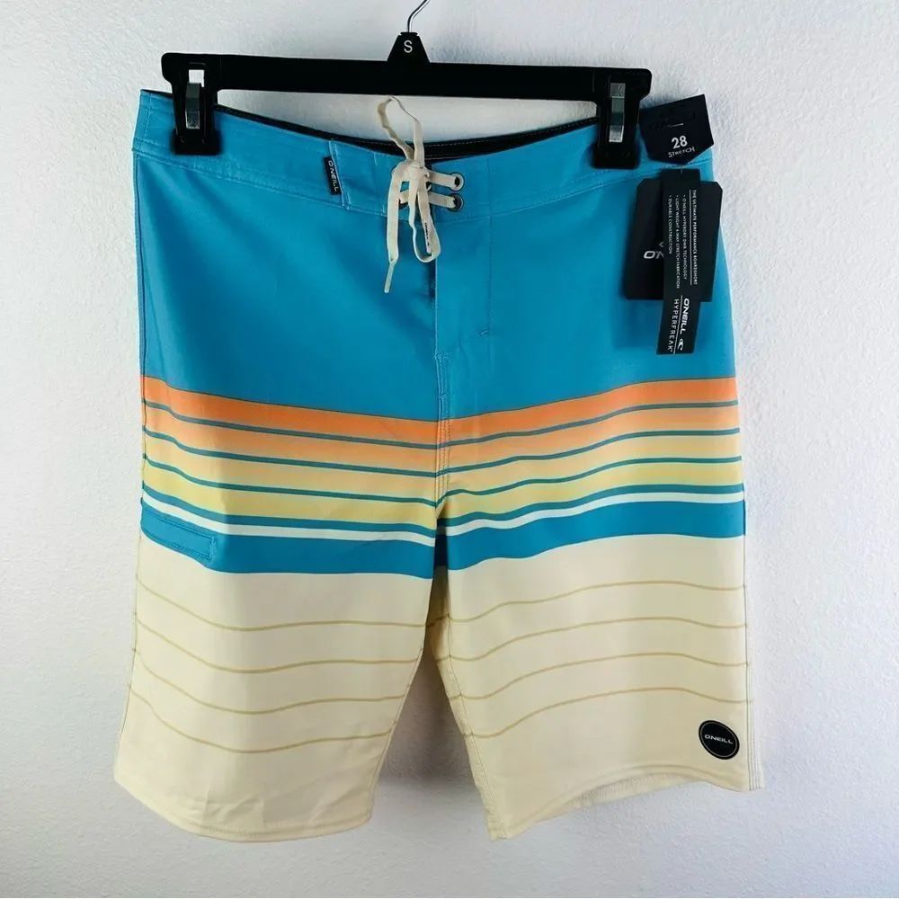 O’Neill Hyper Dry Hyper Freak Board Shorts Blue Yellow Striped NWT  Mens Size 28